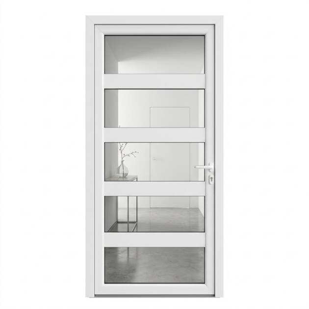 باب ألمنيوم أبيض بتصميم مودرن (5 لوحات زجاجية أفقية) - مقاس (170 × 240 سم)