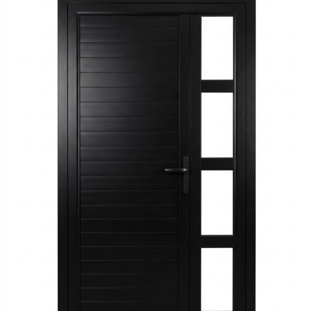 باب ألمنيوم أسود مطفي تصميم شرائح أفقية مع جانب زجاجي مقسم 4 ألواح