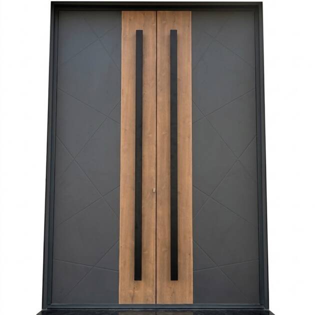 باب ألمنيوم مودرن - تصميم خشبي مع إطار أسود مطفي - مقاس180×280 سم