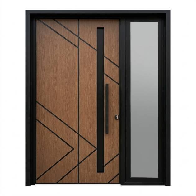 باب ألمنيوم بتصميم خشبي مودرن وجناح زجاجي جانبي - مقاس (170 × 235 سم)