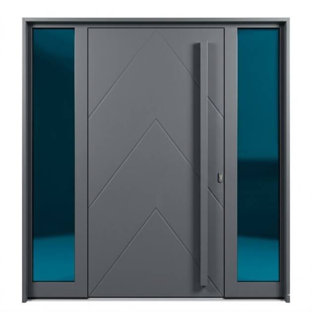 باب فيلا خارجي مودرن مع زجاج جانبي مزدوج - لون رمادي أنثراسيت ونقوش هندسية